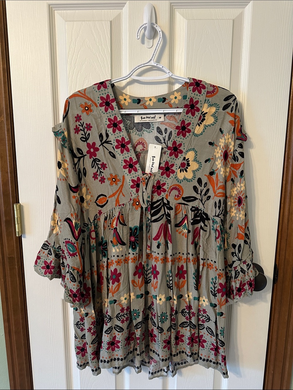Three Bird Nest Beige Floral V-Neck Tunic with Pink, Orange & Teal Accents